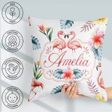 Custom Name Elegant Pink Flamingos Tropical Flowers on Pale Grey Square Filled Cushion Throw Pillow Sofa Bed Home Decor Zip Washable UK Made
