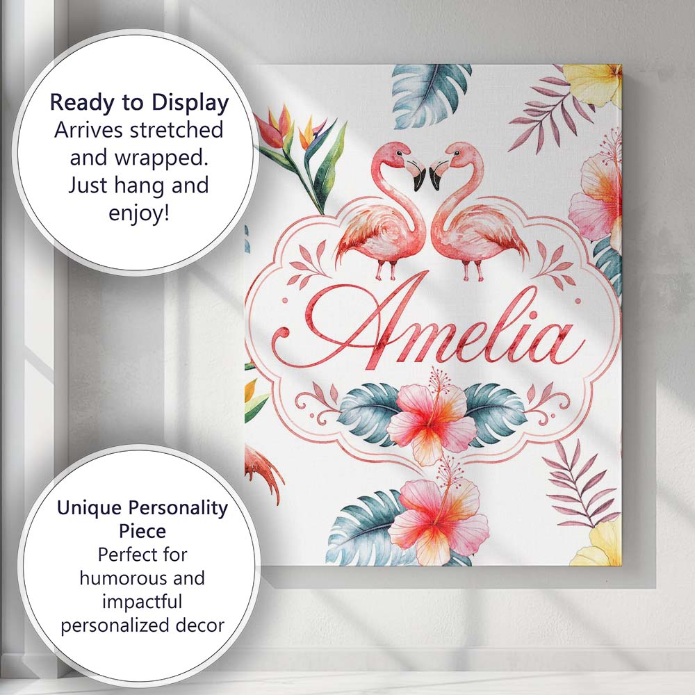 Personalised Name Elegant Pink Flamingos Custom  Interior Decorative Contemporary Canvas Wall Art Print Decor Picture Ready to Hang