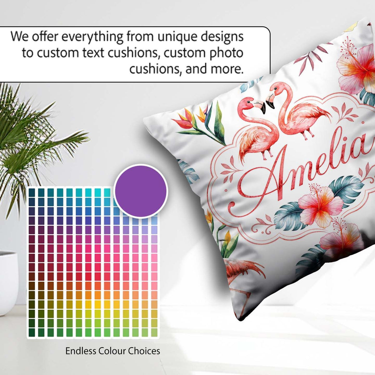 Custom Name Elegant Pink Flamingos Tropical Flowers on Pale Grey Square Filled Cushion Throw Pillow Sofa Bed Home Decor Zip Washable UK Made