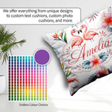 Custom Name Elegant Pink Flamingos Tropical Flowers on Pale Grey Square Filled Cushion Throw Pillow Sofa Bed Home Decor Zip Washable UK Made