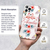 Elegant Pink Flamingos Tropical Flowers on Pale Custom Name Protective Phone Case Mobile Cover Durable Everyday Smartphone Shock Resistant