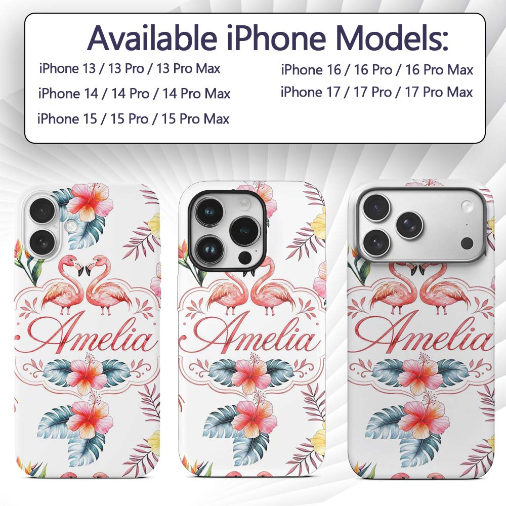 Elegant Pink Flamingos Tropical Flowers on Pale Custom Name Protective Phone Case Mobile Cover Durable Everyday Smartphone Shock Resistant