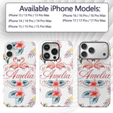 Elegant Pink Flamingos Tropical Flowers on Pale Custom Name Protective Phone Case Mobile Cover Durable Everyday Smartphone Shock Resistant