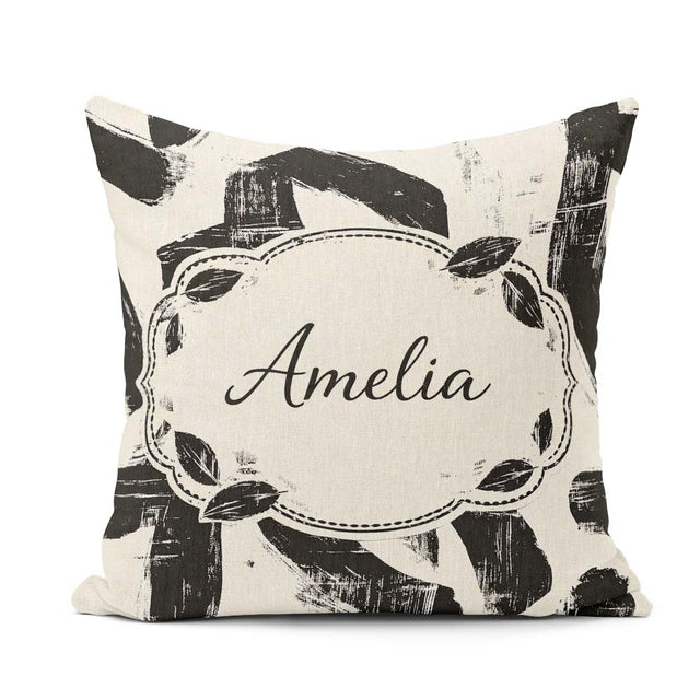 Custom Name Bold Brush Strokes Black Cream Artistic Abstract Square Filled Cushion Throw Pillow Sofa Bed Home Decor Zip Washable UK Made