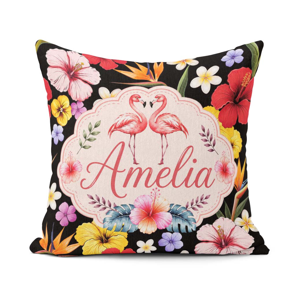Custom Name Tropical Hibiscus Flowers of Paradise Bright Floral Square Filled Cushion Throw Pillow Sofa Bed Home Decor Zip Washable UK Made