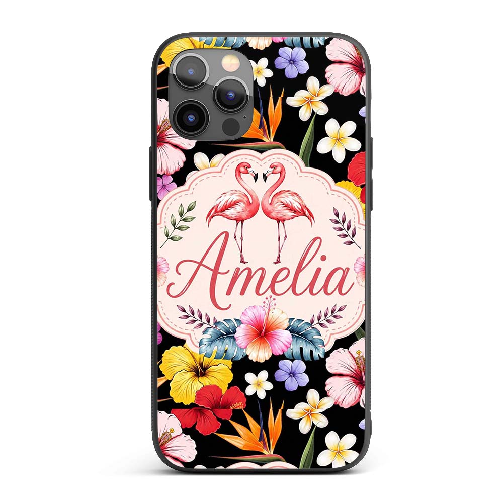 Cute Tropical Hibiscus Flowers Birds of Paradise Custom Name Protective Phone Case Mobile Cover Durable Everyday Smartphone Shock Resistant