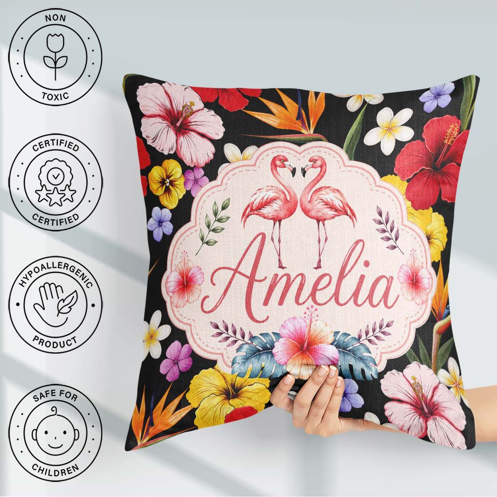 Custom Name Tropical Hibiscus Flowers of Paradise Bright Floral Square Filled Cushion Throw Pillow Sofa Bed Home Decor Zip Washable UK Made