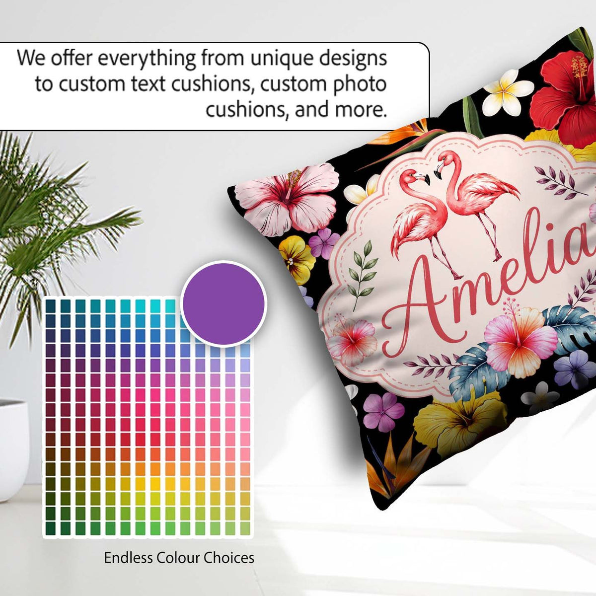Custom Name Tropical Hibiscus Flowers of Paradise Bright Floral Square Filled Cushion Throw Pillow Sofa Bed Home Decor Zip Washable UK Made