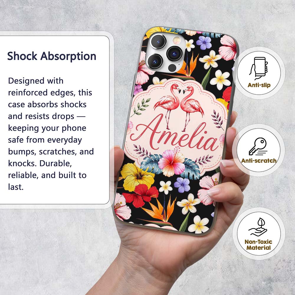 Cute Tropical Hibiscus Flowers Birds of Paradise Custom Name Protective Phone Case Mobile Cover Durable Everyday Smartphone Shock Resistant