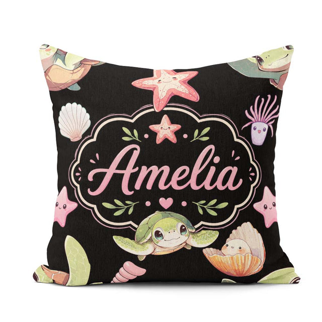 Custom Name Cartoon Sea Turtle Starfish Shells on Black Seamless Square Filled Cushion Throw Pillow Sofa Bed Home Decor Zip Washable UK Made