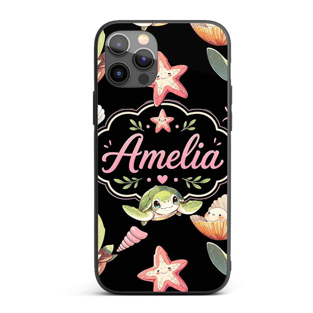Cute Cartoon Sea Turtle Starfish Shells on Black Custom Name Protective Phone Case Mobile Cover Durable Everyday Smartphone Shock Resistant