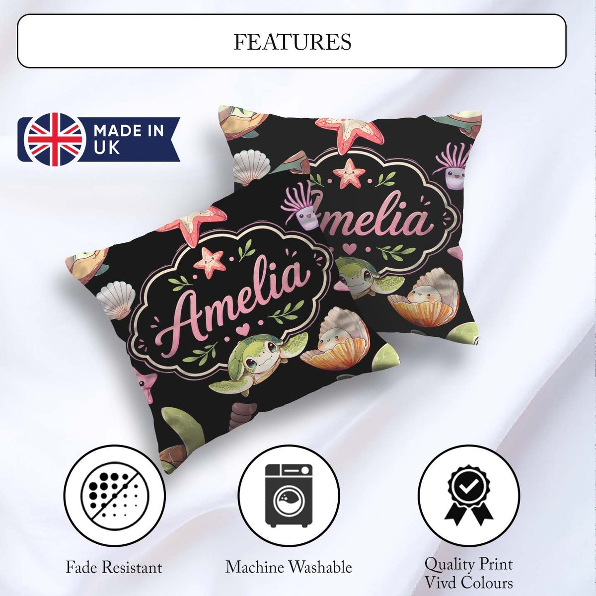 Custom Name Cartoon Sea Turtle Starfish Shells on Black Seamless Square Filled Cushion Throw Pillow Sofa Bed Home Decor Zip Washable UK Made