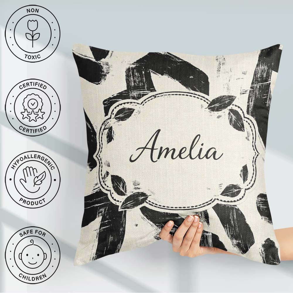 Custom Name Bold Brush Strokes Black Cream Artistic Abstract Square Filled Cushion Throw Pillow Sofa Bed Home Decor Zip Washable UK Made