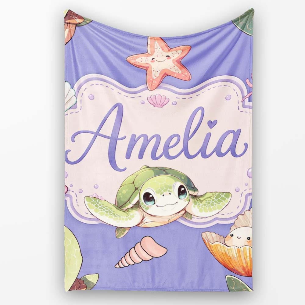 Cute Cartoon Sea Turtle Starfish Shells on Purple Background Lovely  Personalised Custom Name Super Soft Fleece Blanket Bed Sofa Throw