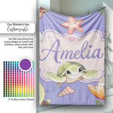 Cute Cartoon Sea Turtle Starfish Shells on Purple Background Lovely  Personalised Custom Name Super Soft Fleece Blanket Bed Sofa Throw