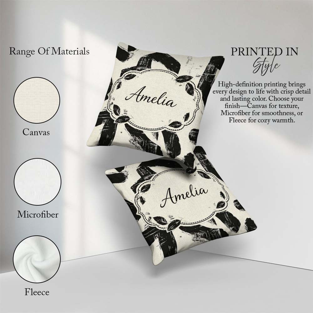 Custom Name Bold Brush Strokes Black Cream Artistic Abstract Square Filled Cushion Throw Pillow Sofa Bed Home Decor Zip Washable UK Made