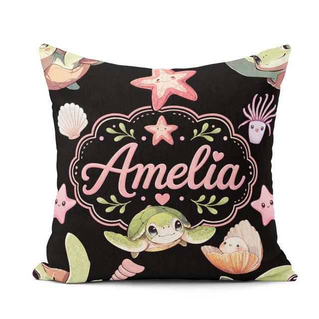 Custom Name Cartoon Sea Turtle Starfish Shells on White Seamless Square Filled Cushion Throw Pillow Sofa Bed Home Decor Zip Washable UK Made