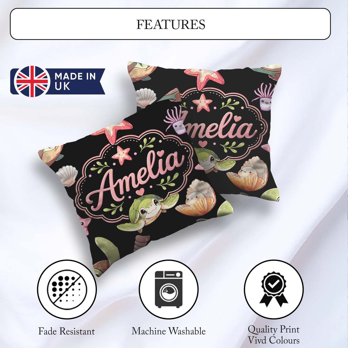 Custom Name Cartoon Sea Turtle Starfish Shells on White Seamless Square Filled Cushion Throw Pillow Sofa Bed Home Decor Zip Washable UK Made
