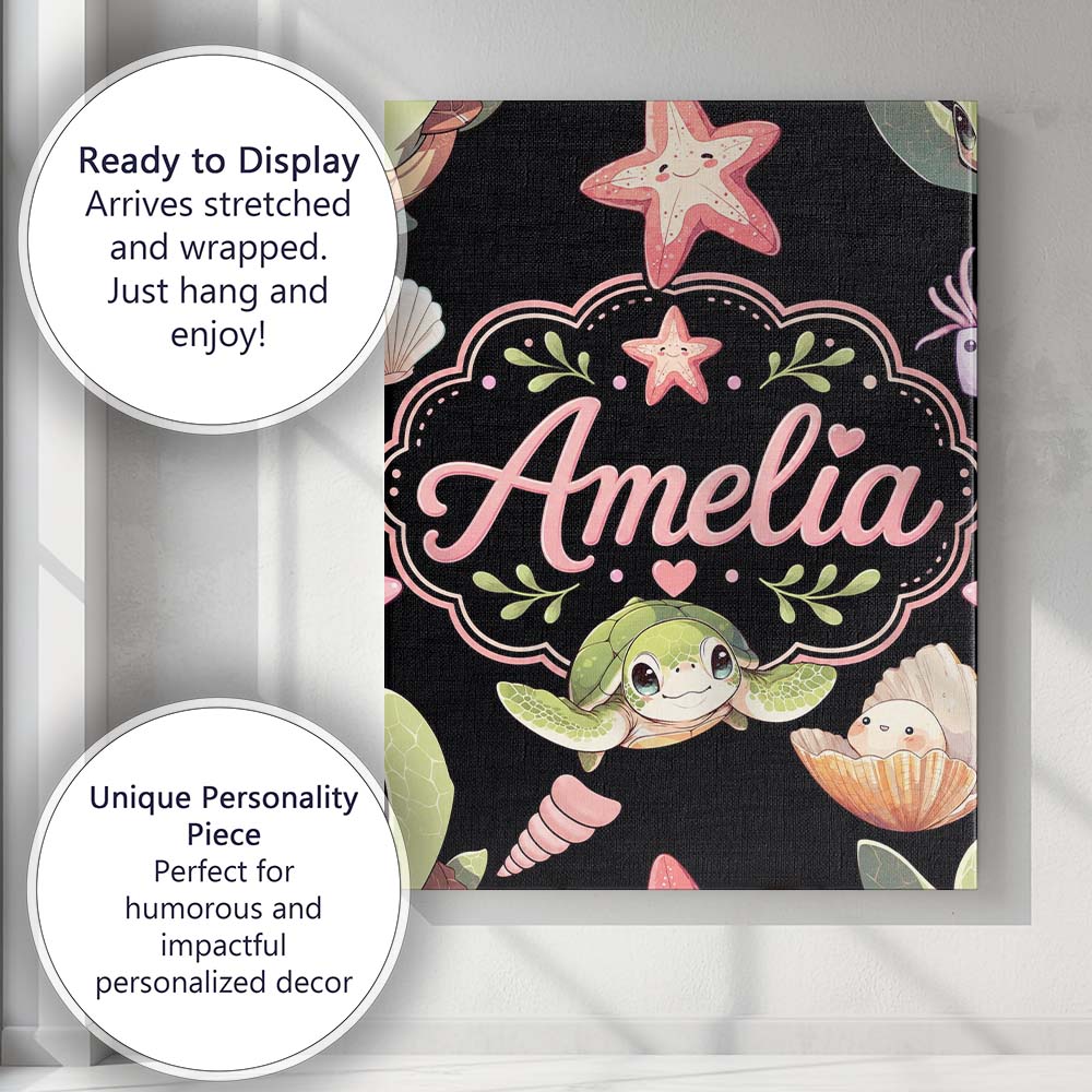Personalised Name Cute Cartoon Sea Turtle Custom  Unique Gift Idea Elegant Feature Canvas Wall Art Print Decor Picture Ready to Hang