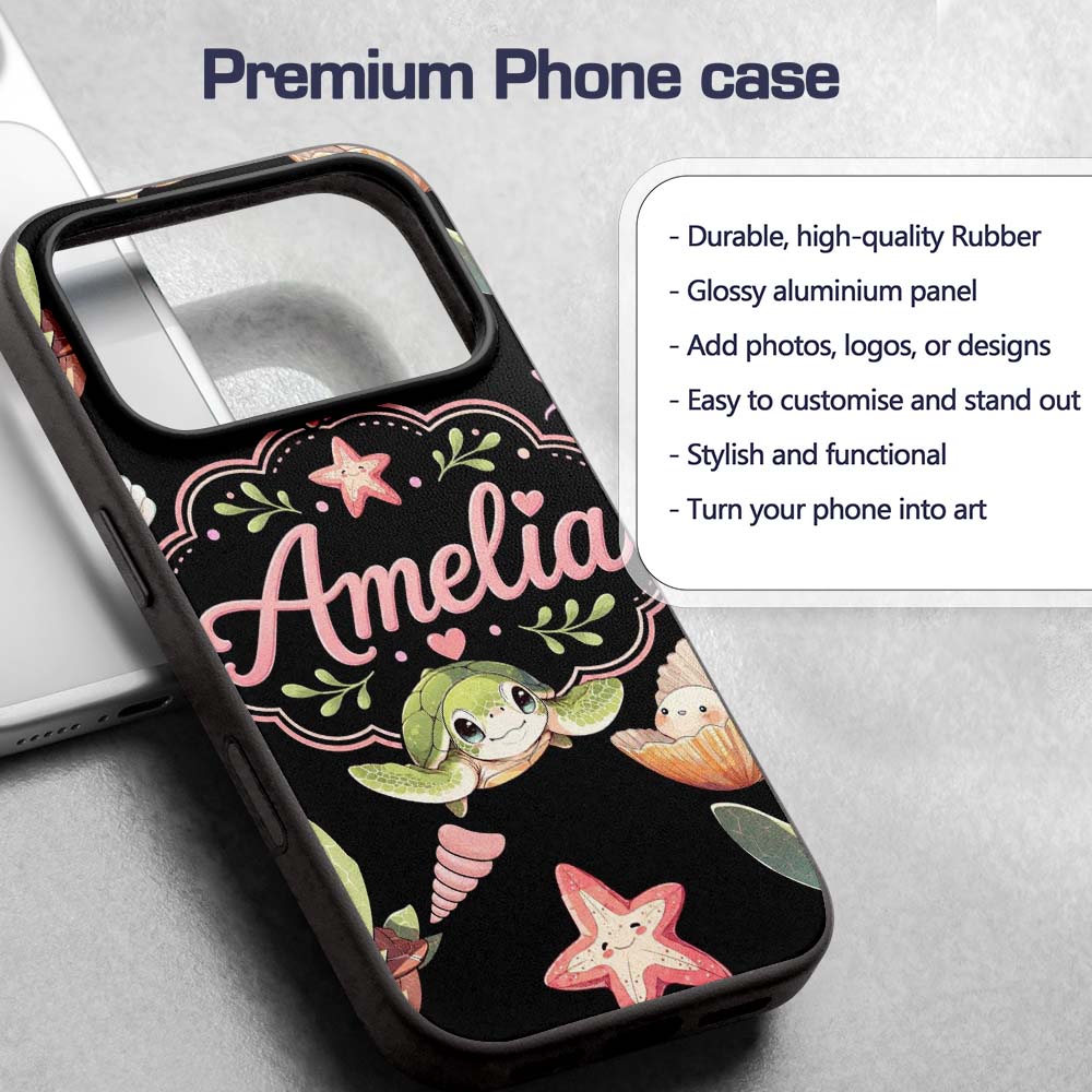 Cute Cartoon Sea Turtle Starfish Shells on White Custom Name Protective Phone Case Mobile Cover Durable Everyday Smartphone Shock Resistant
