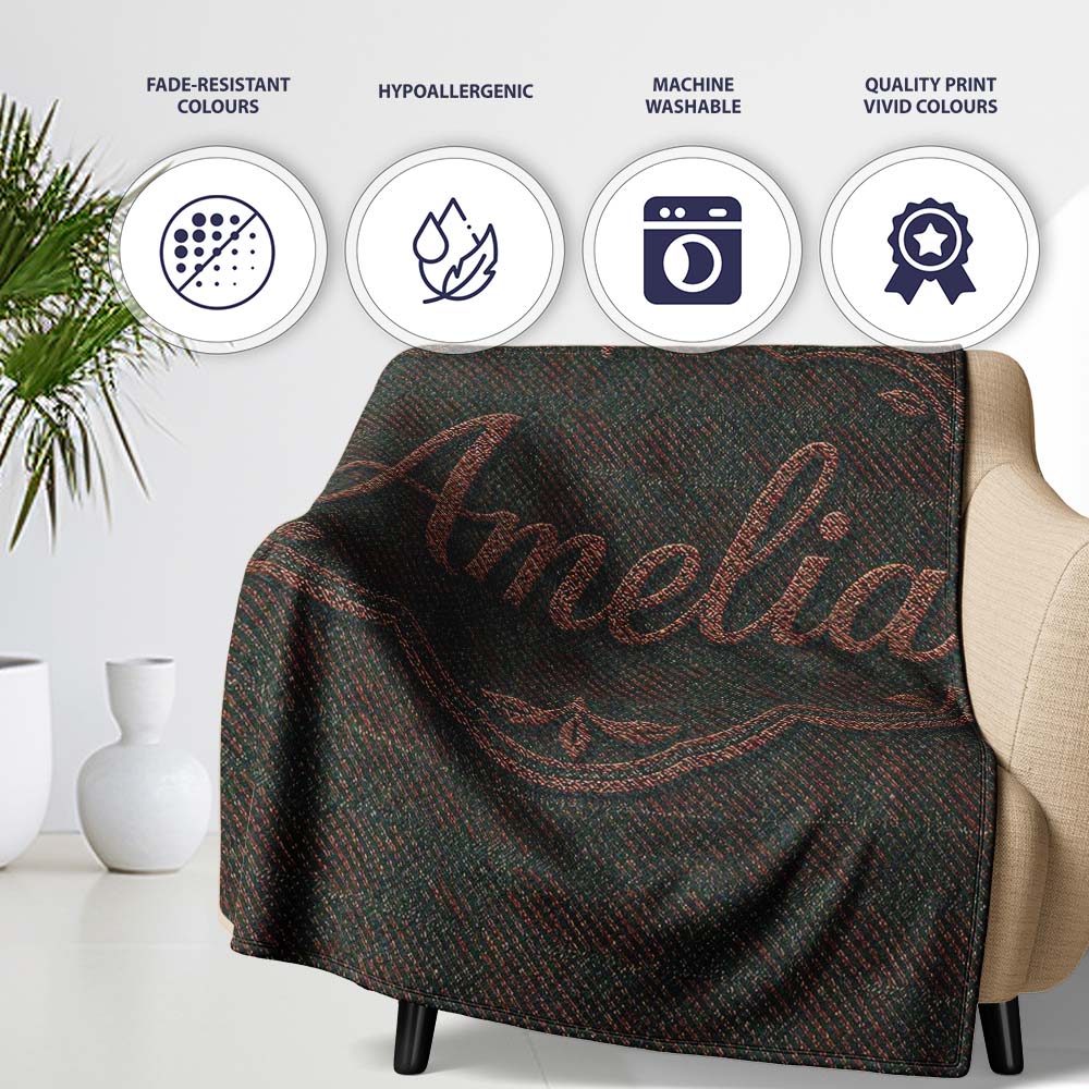 Dark Green Textured Herringbone Style Seamless Pattern Lovely  Personalised Custom Name Super Soft Fleece Blanket Bed Sofa Throw