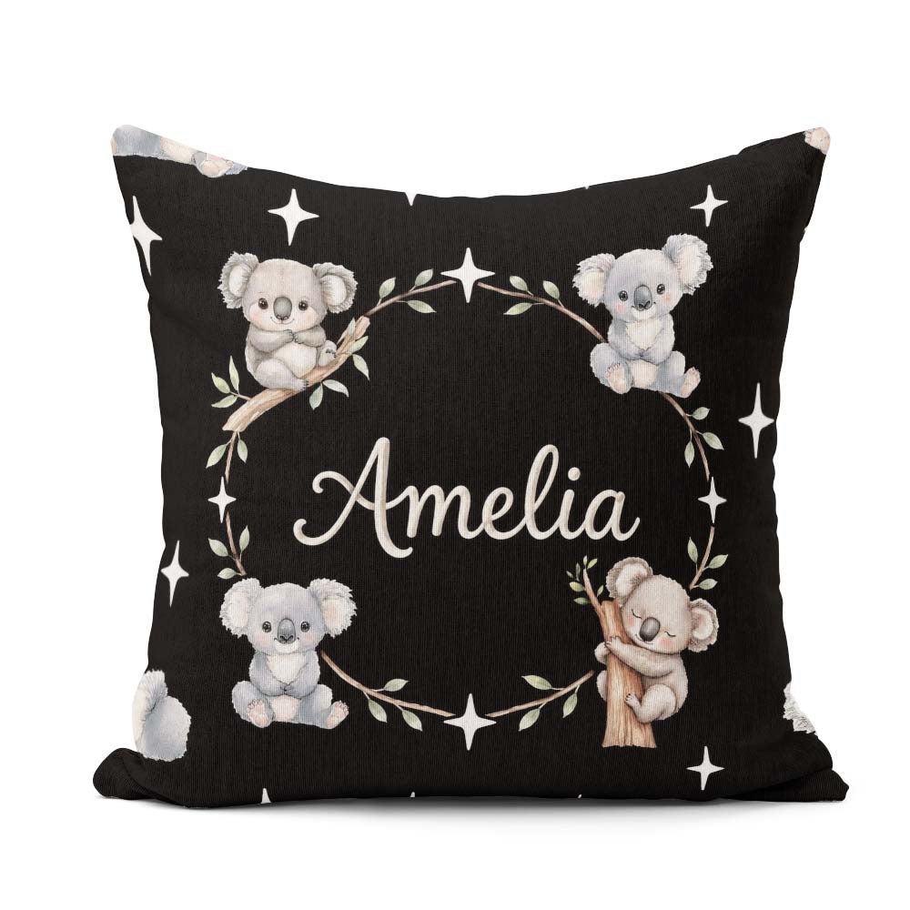 Custom Name Cute Baby Koala Bears with Stars on Black Background Square Filled Cushion Throw Pillow Sofa Bed Home Decor Zip Washable UK Made