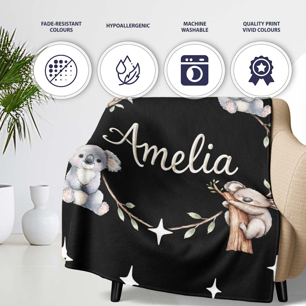 Cute Baby Koala Bears with Stars on Black Background Seamless Lovely  Personalised Custom Name Super Soft Fleece Blanket Bed Sofa Throw