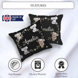 Custom Name Cute Baby Koala Bears with Stars on Black Background Square Filled Cushion Throw Pillow Sofa Bed Home Decor Zip Washable UK Made