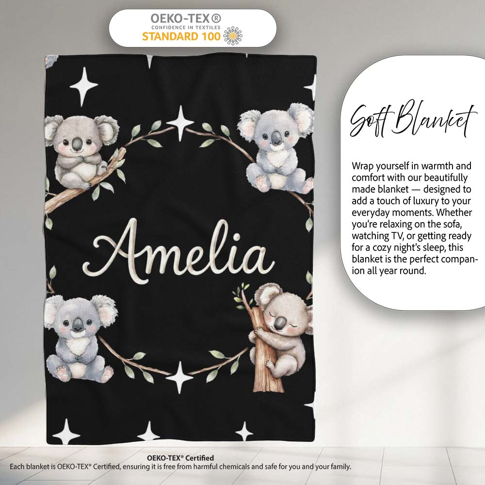 Cute Baby Koala Bears with Stars on Black Background Seamless Lovely  Personalised Custom Name Super Soft Fleece Blanket Bed Sofa Throw