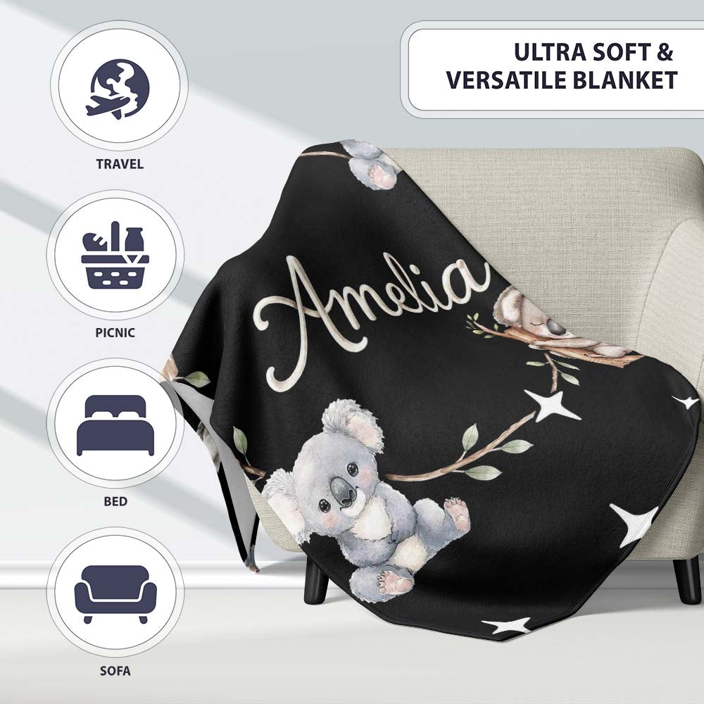 Cute Baby Koala Bears with Stars on Black Background Seamless Lovely  Personalised Custom Name Super Soft Fleece Blanket Bed Sofa Throw