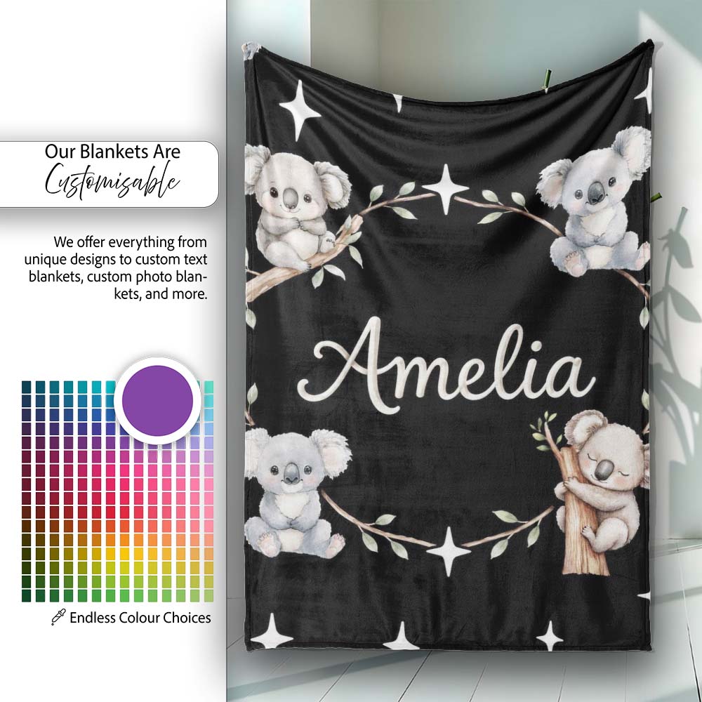 Cute Baby Koala Bears with Stars on Black Background Seamless Lovely  Personalised Custom Name Super Soft Fleece Blanket Bed Sofa Throw