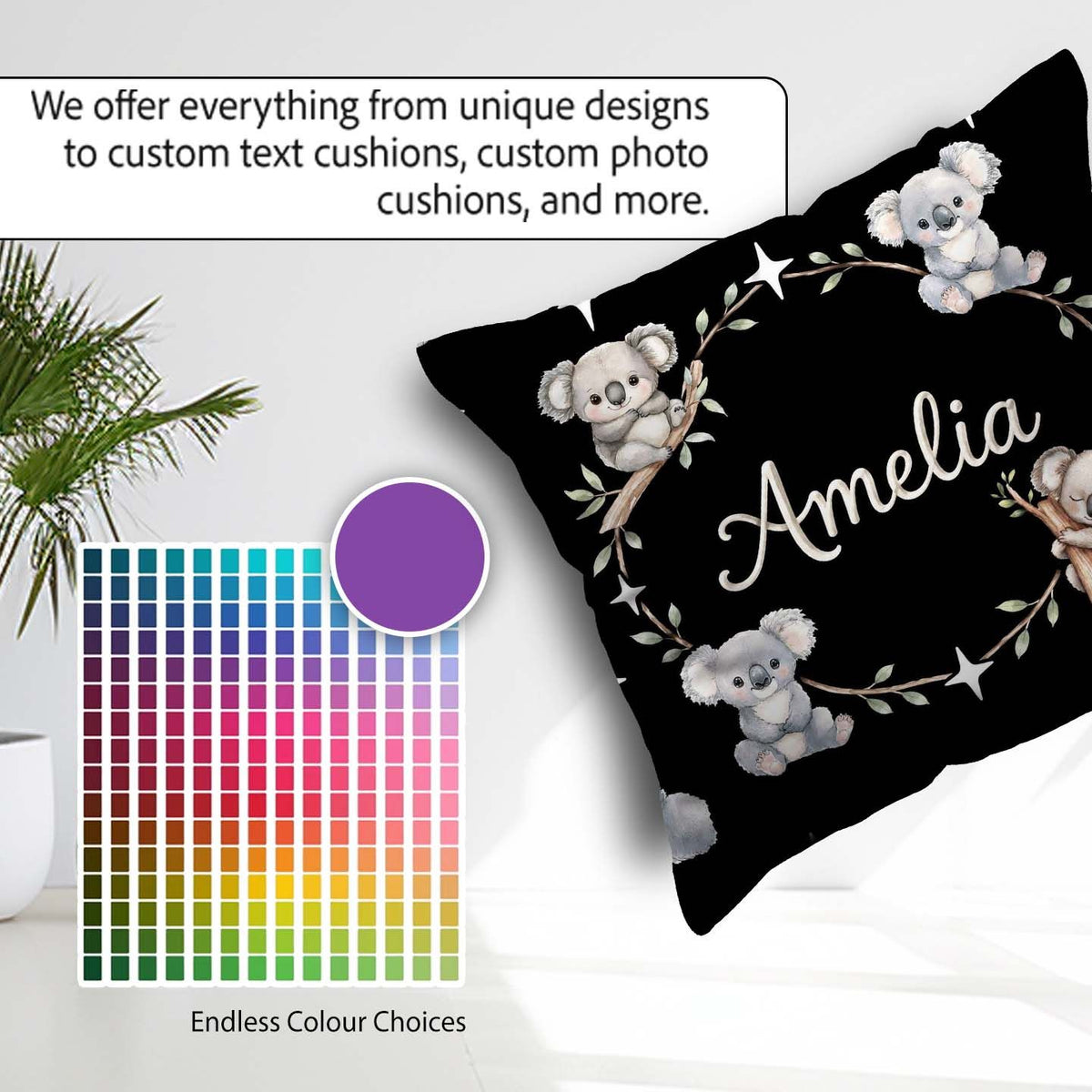 Custom Name Cute Baby Koala Bears with Stars on Black Background Square Filled Cushion Throw Pillow Sofa Bed Home Decor Zip Washable UK Made