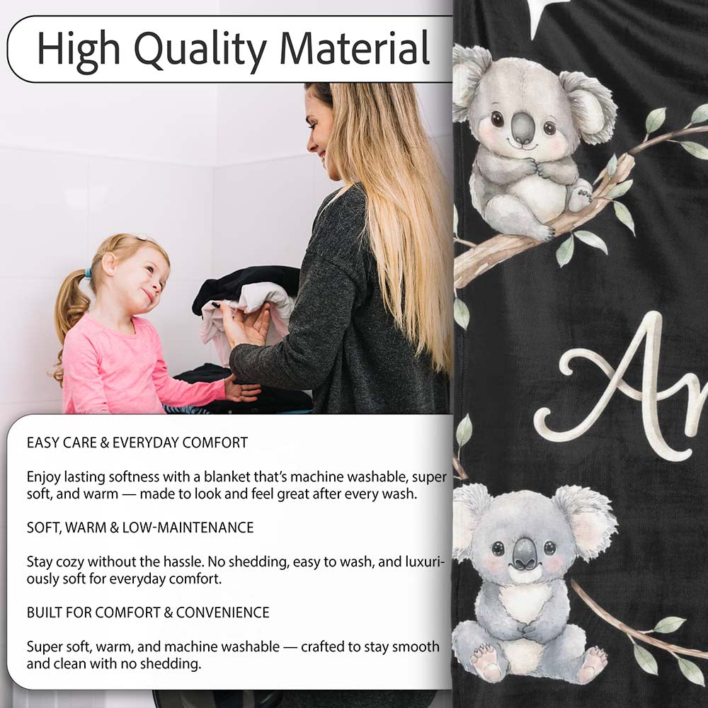 Cute Baby Koala Bears with Stars on Black Background Seamless Lovely  Personalised Custom Name Super Soft Fleece Blanket Bed Sofa Throw