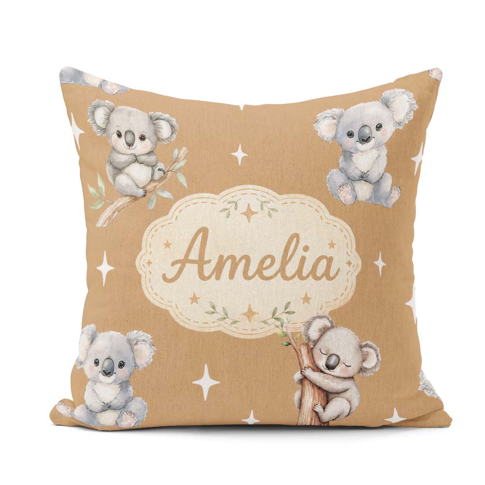 Custom Name Baby Koala Bears with Stars on Warm Brown Background Square Filled Cushion Throw Pillow Sofa Bed Home Decor Zip Washable UK Made