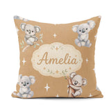 Custom Name Baby Koala Bears with Stars on Warm Brown Background Square Filled Cushion Throw Pillow Sofa Bed Home Decor Zip Washable UK Made