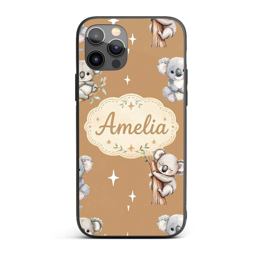Cute Baby Koala Bears with Stars on Warm Brown Custom Name Protective Phone Case Mobile Cover Durable Everyday Smartphone Shock Resistant