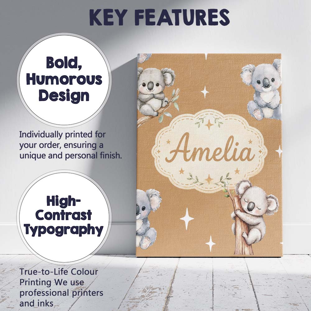 Personalised Name Cute Baby Koala Bears Custom  Modern Room Accent Elegant Feature Canvas Wall Art Print Decor Picture Ready to Hang