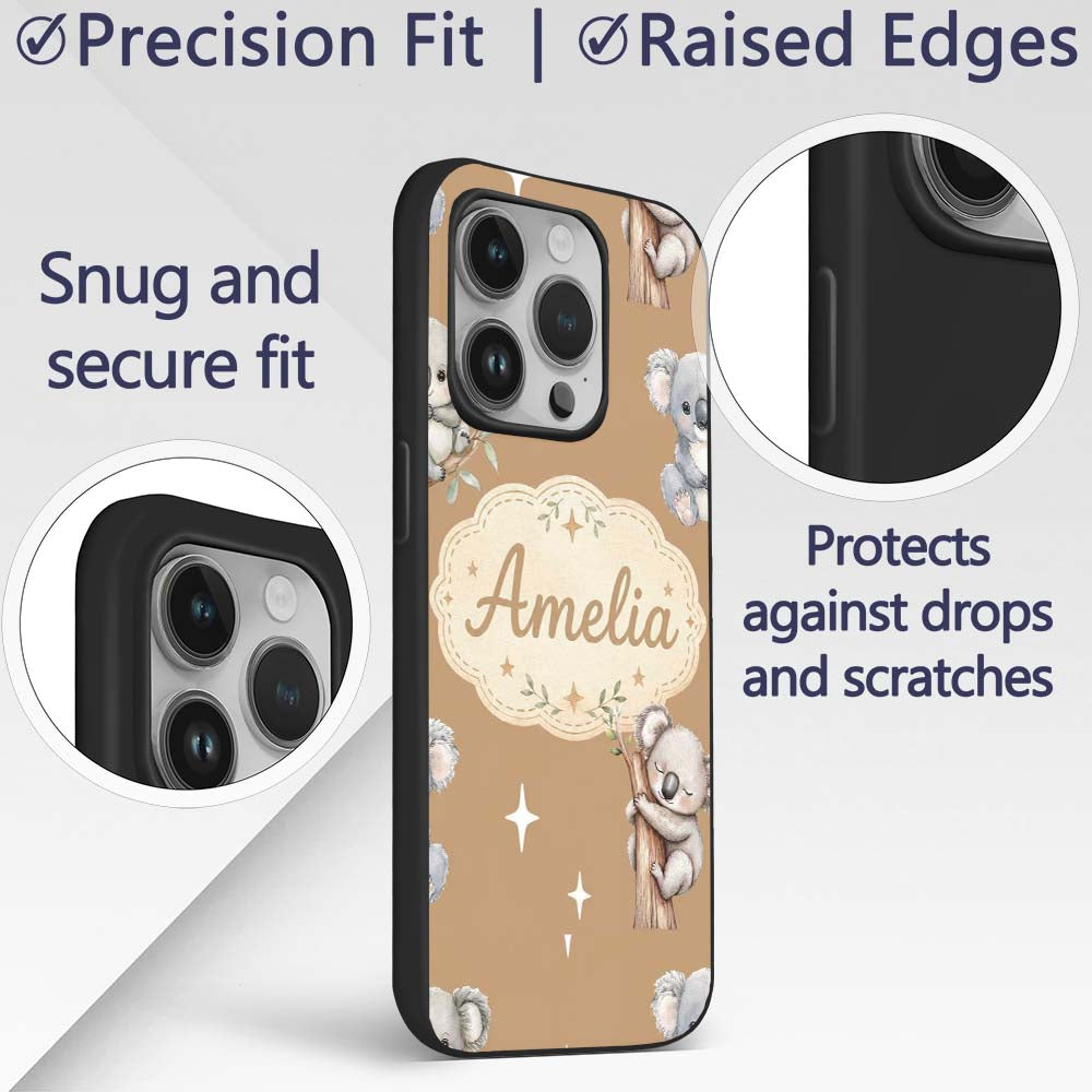 Cute Baby Koala Bears with Stars on Warm Brown Custom Name Protective Phone Case Mobile Cover Durable Everyday Smartphone Shock Resistant