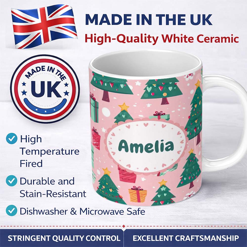 Personalized Custom Name Festive Green Christmas Tree Gifts Cute Holiday Seamless Pattern 11oz Ceramic Coffee Tea Mug White Large Handle