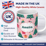 Personalized Custom Name Festive Green Christmas Tree Gifts Cute Holiday Seamless Pattern 11oz Ceramic Coffee Tea Mug White Large Handle