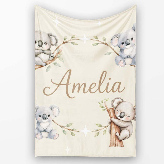 Cute Baby Koala Bears with Stars on Soft Beige Background Seamless  Personalised Custom Name Super Soft Fleece Blanket Bed Sofa Throw