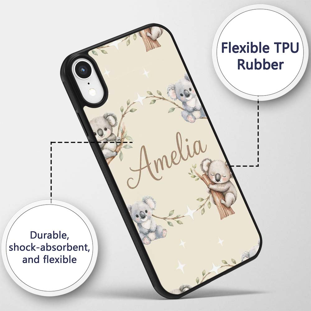 Cute Baby Koala Bears with Stars on Soft Beige Custom Name Protective Phone Case Mobile Cover Durable Everyday Smartphone Shock Resistant