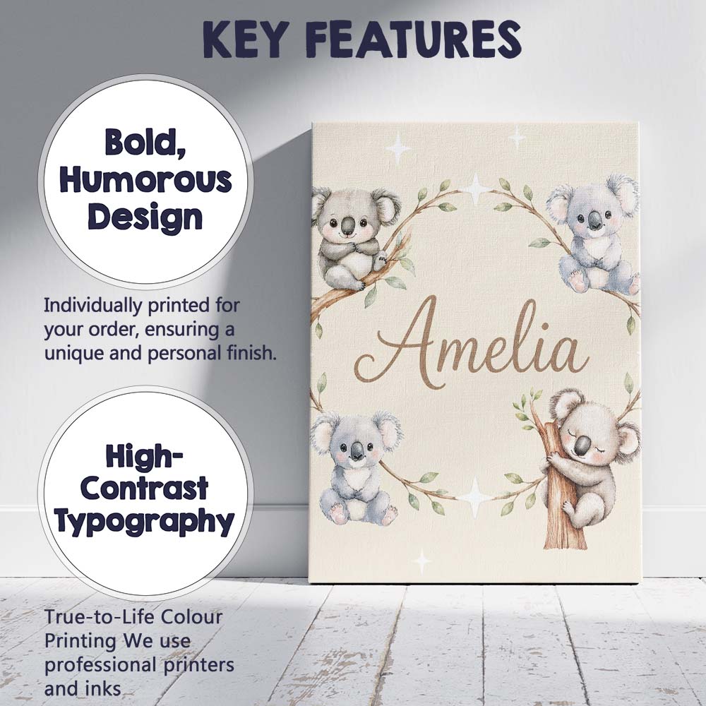 Personalised Name Cute Baby Koala Bears Custom  Modern Room Accent Elegant Feature Canvas Wall Art Print Decor Picture Ready to Hang