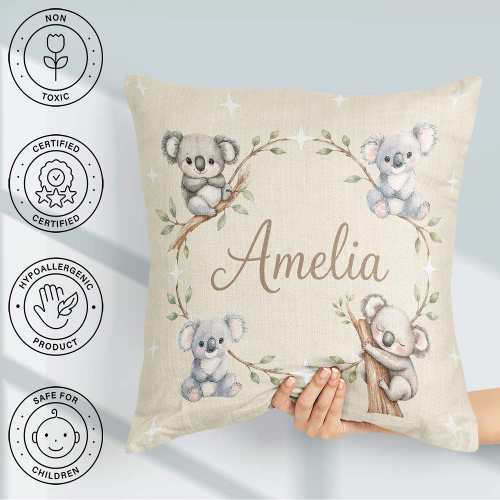 Custom Name Baby Koala Bears with Stars on Soft Beige Background Square Filled Cushion Throw Pillow Sofa Bed Home Decor Zip Washable UK Made