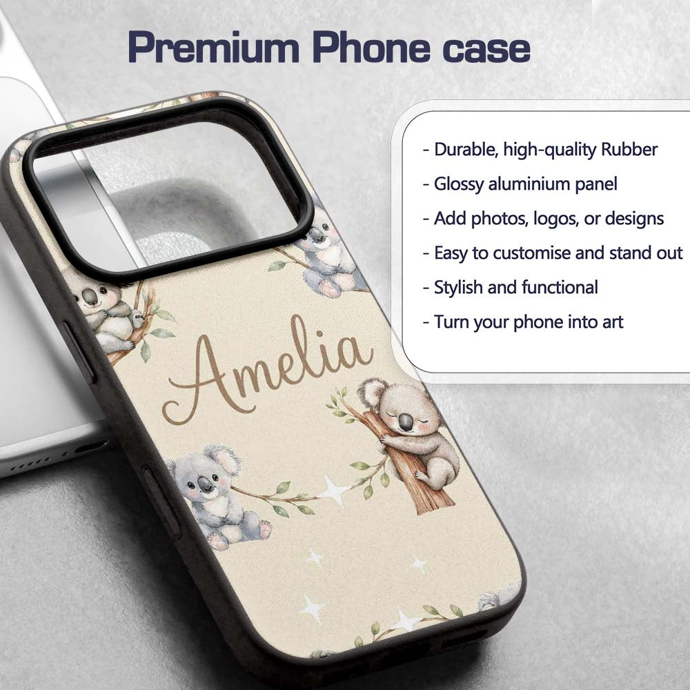 Cute Baby Koala Bears with Stars on Soft Beige Custom Name Protective Phone Case Mobile Cover Durable Everyday Smartphone Shock Resistant