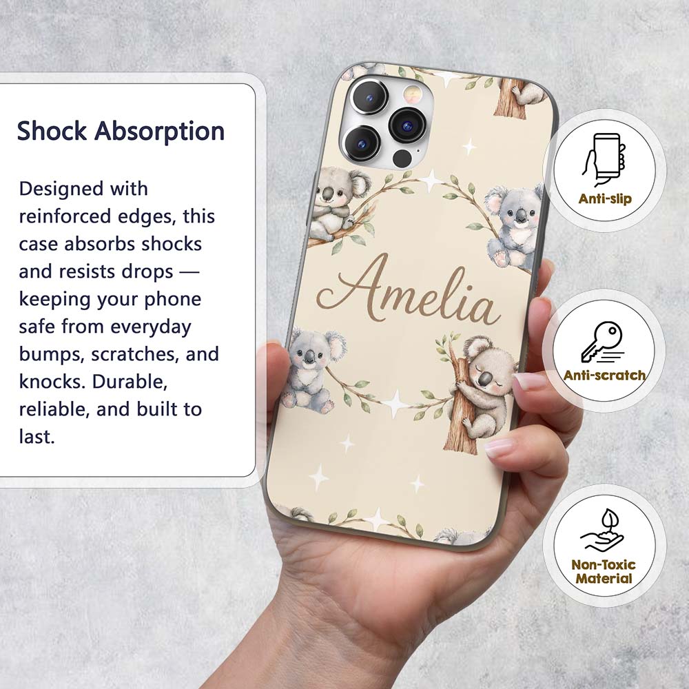 Cute Baby Koala Bears with Stars on Soft Beige Custom Name Protective Phone Case Mobile Cover Durable Everyday Smartphone Shock Resistant