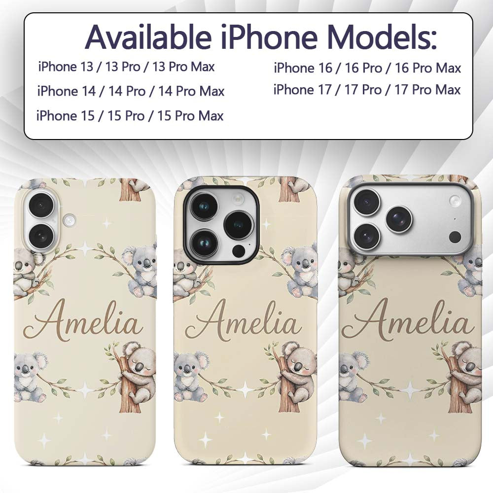 Cute Baby Koala Bears with Stars on Soft Beige Custom Name Protective Phone Case Mobile Cover Durable Everyday Smartphone Shock Resistant