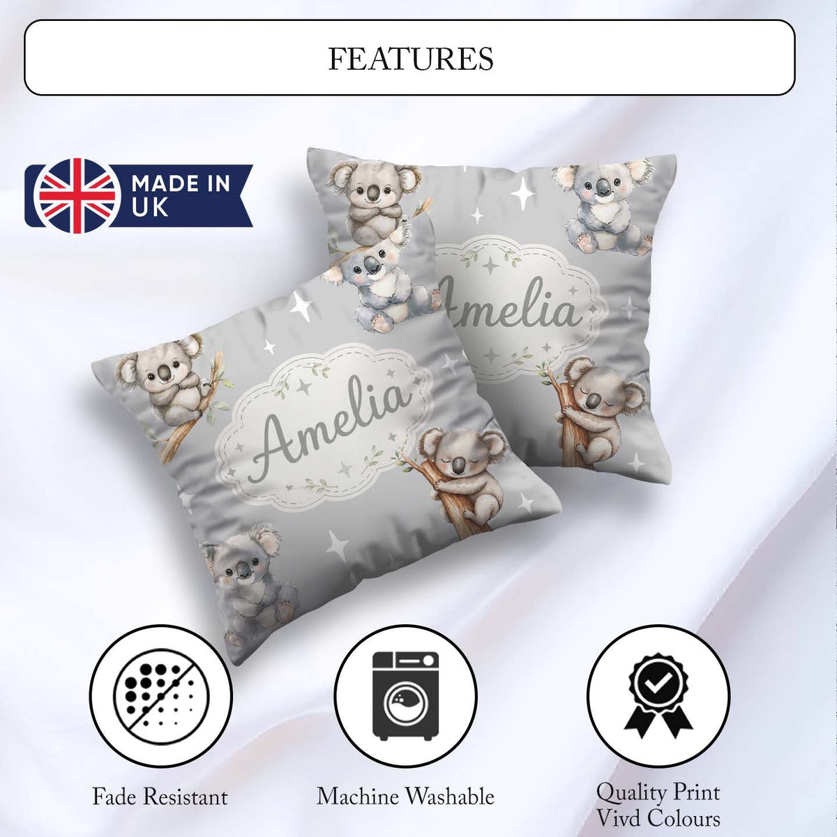 Custom Name Baby Koala Bears with Stars on Grey Seamless Pattern Square Filled Cushion Throw Pillow Sofa Bed Home Decor Zip Washable UK Made