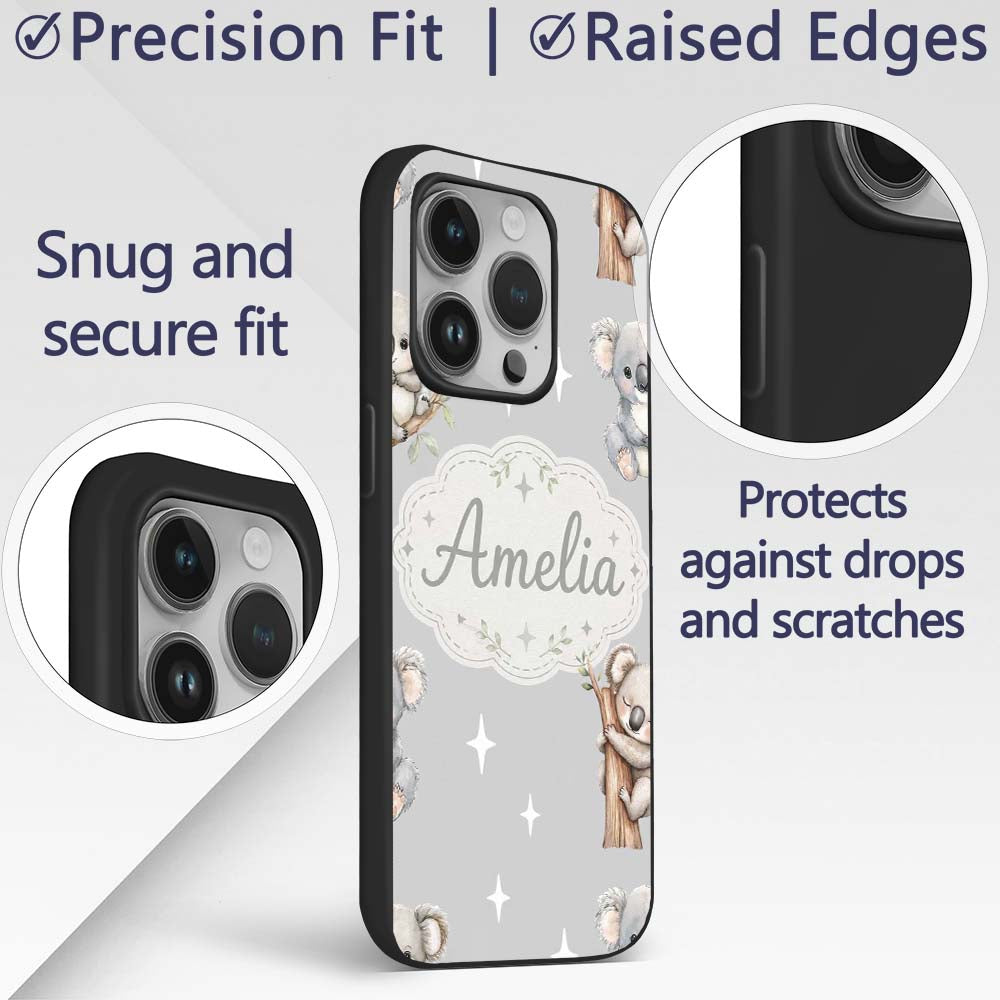 Cute Baby Koala Bears with Stars Printed Design Custom Name Protective Phone Case Mobile Cover Durable Everyday Smartphone Shock Resistant