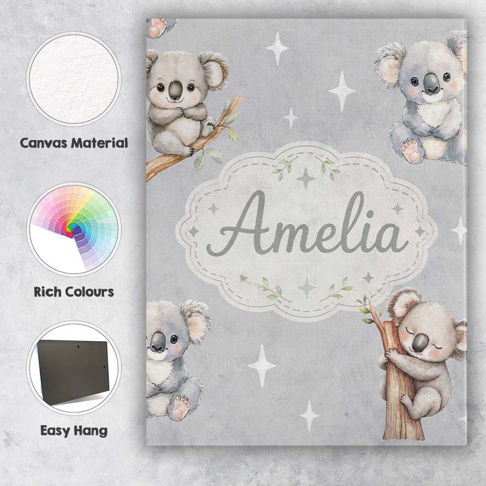 Personalised Name Cute Baby Koala Bears Custom  Modern Room Accent Elegant Feature Canvas Wall Art Print Decor Picture Ready to Hang
